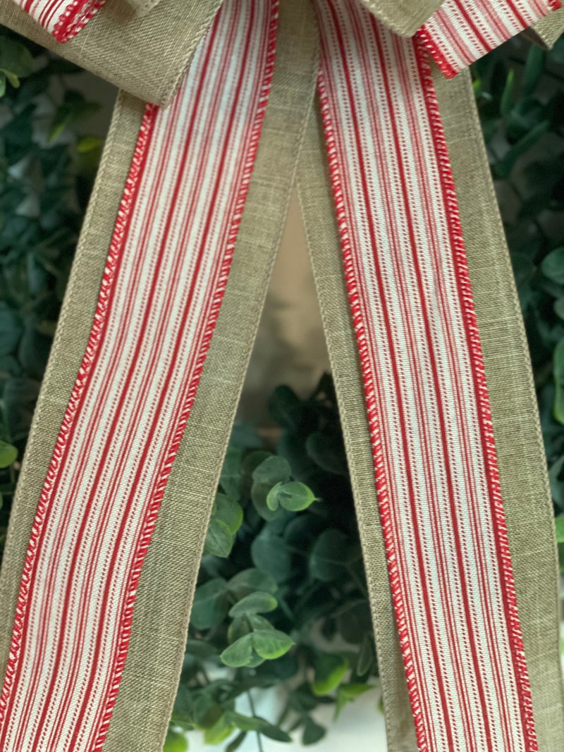 Christmas Bow / Red and White Ticking Striped Bow / Farmhouse