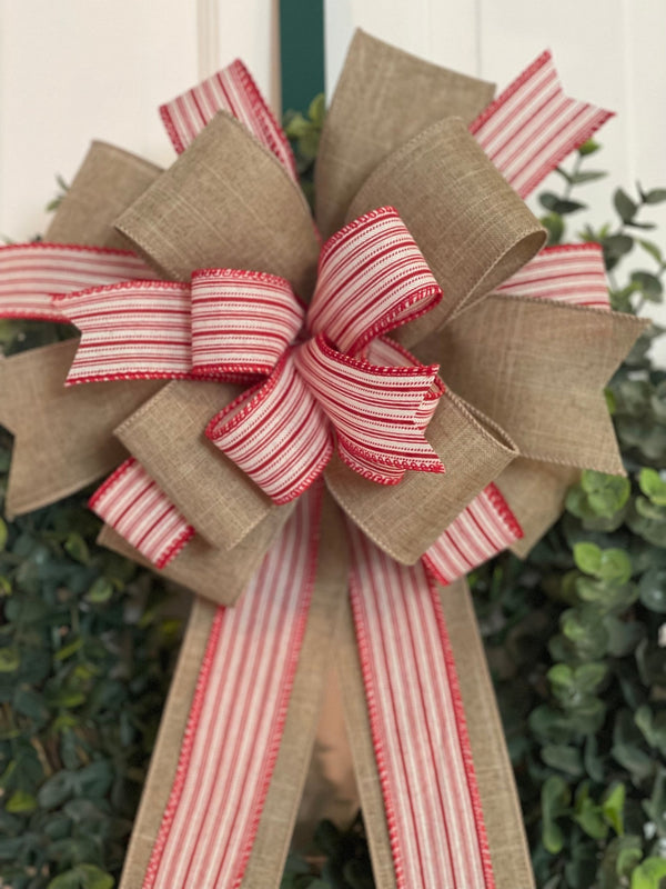 Red & White Striped Farmhouse Christmas Bow - Emerald's Avenue